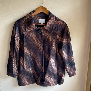 Erin London Metallic Jacket with Swirling geometric Pattern. Black/Copper. Small